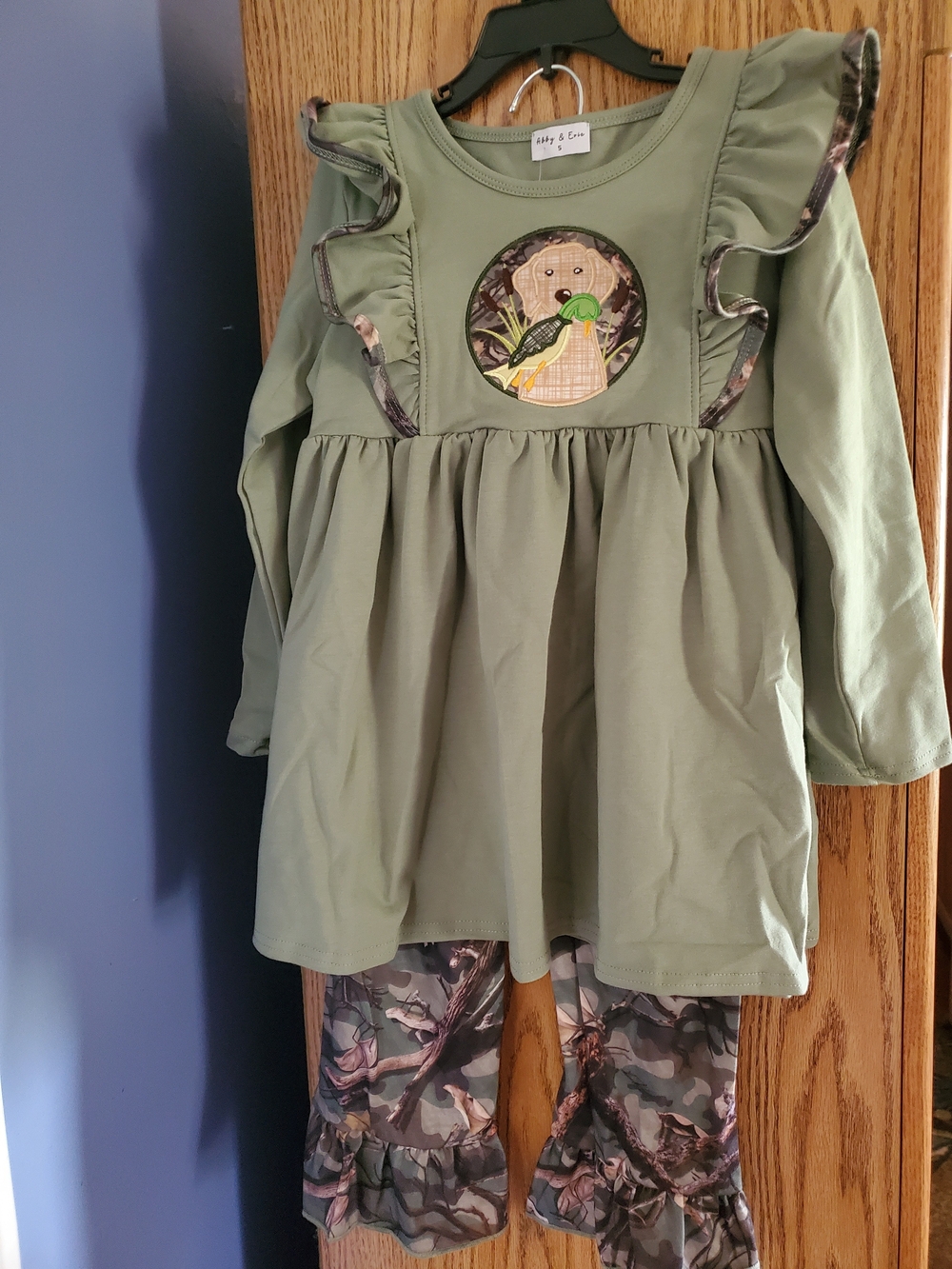 Girls' Sage Green Ruffle Dress Style & Camo Leggings Set